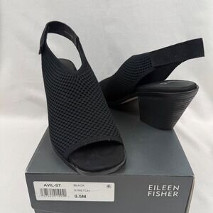 Eileen Fisher Avil Black Stretch Knit Slingback Block Heel Sandals 9.5M New